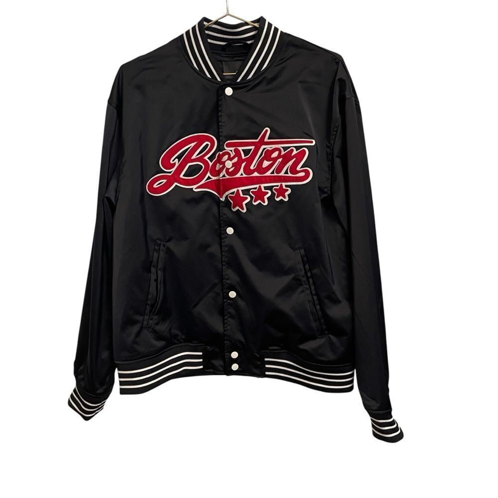HM Mens Boston Varsity Bomber Jacket Black Satin Snap Front Large
